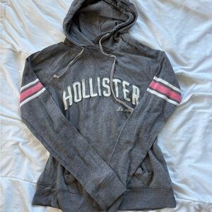 Hollister Women's Charcoal Hoodie with Pink Stripes